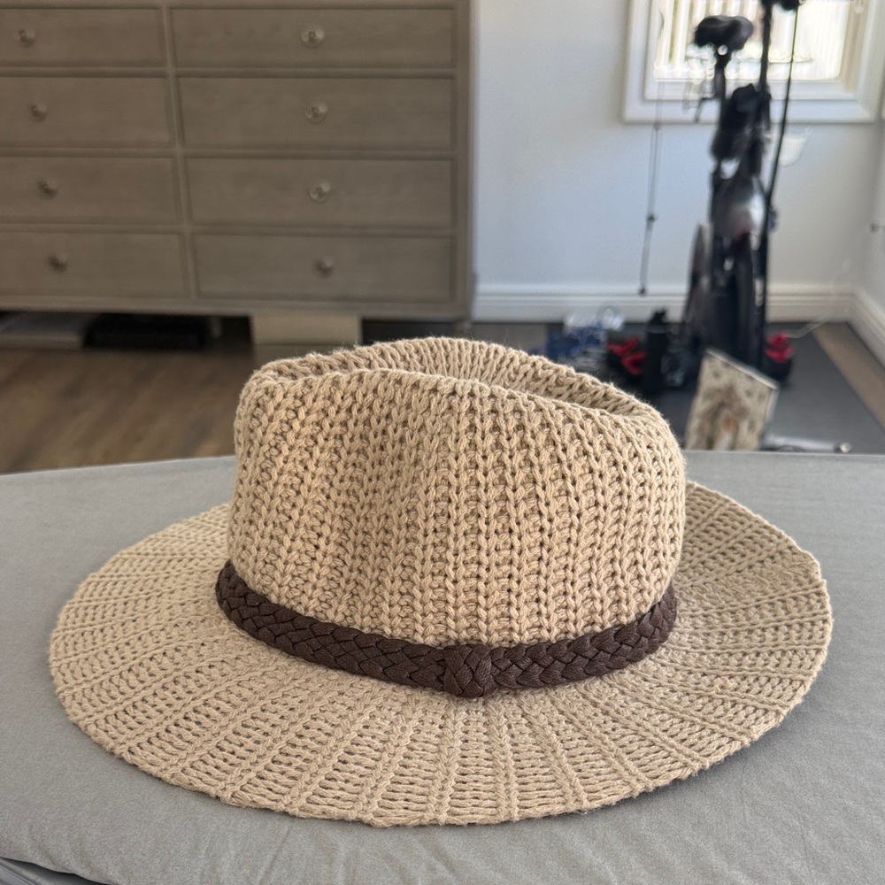 Beige Woven Hat with Brown Band